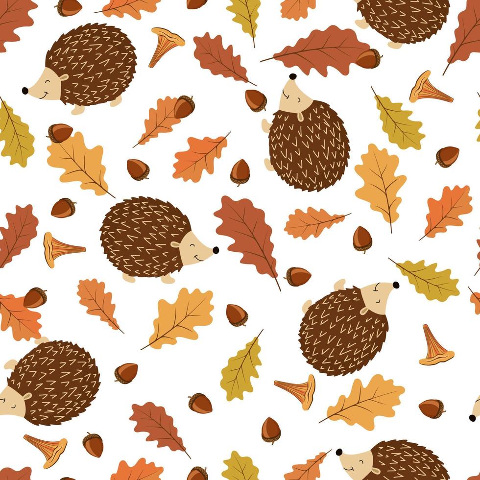 Autumn seamless pattern. Funny hedgehogs with oak leaves, acorns and mushrooms. vector