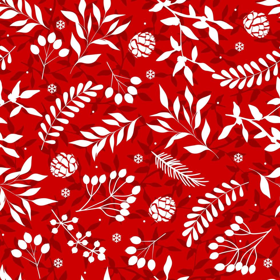 Christmas seamless floral elements, leaves, fir tree branches, berry and christmas tree cones. vector