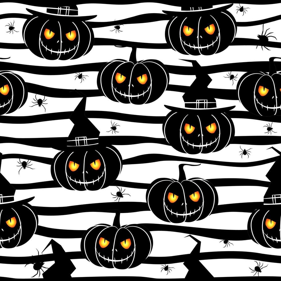 Seamless halloween pattern. Scary pumpkins and spiders on strip vector