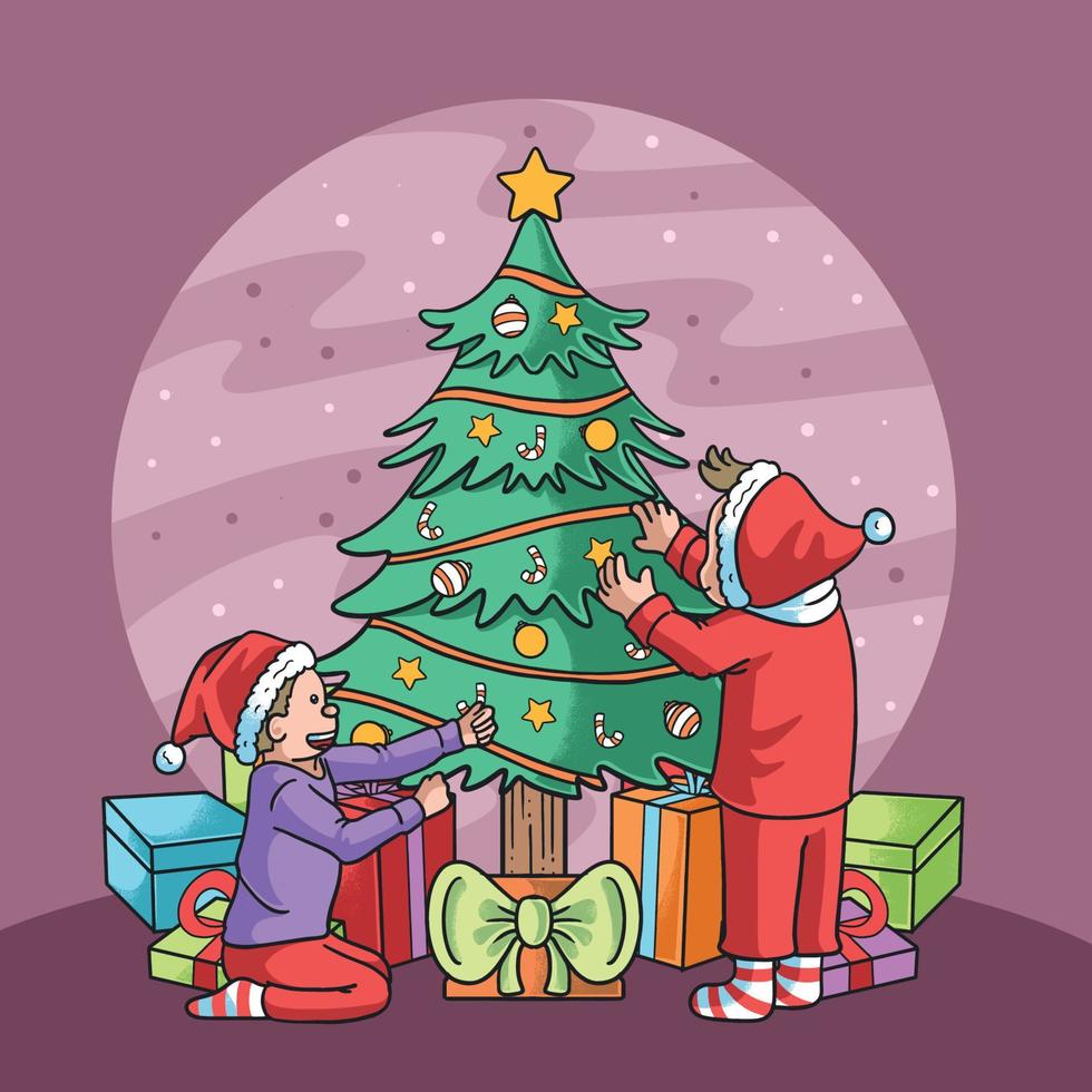 niños decorando el árbol de navidad vector