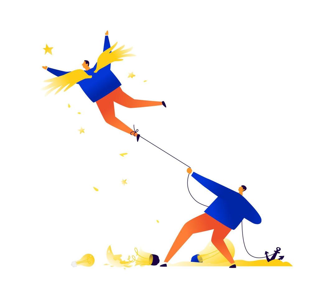 Businessman holds on leash a creative flying angel. Vector. Stop and restriction. A metaphor captured by stereotypes. Pressure from superiors to subordinates. No career growth. vector