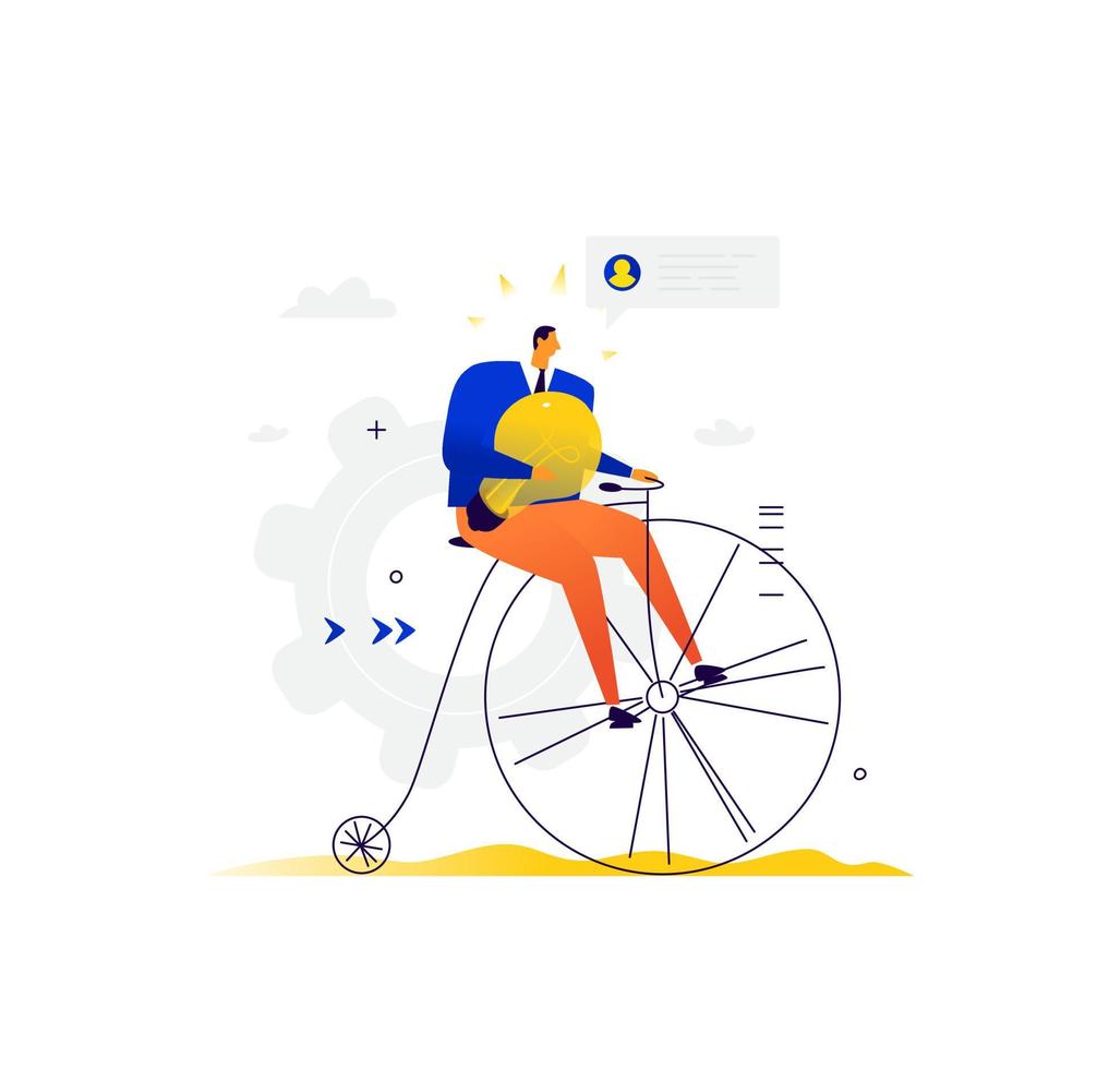 Businessman rides a bicycle. Vector. A man on a retro bike with an electric lamp rides on business. Chat and ideas for remote work. Flat trendy business illustration. vector
