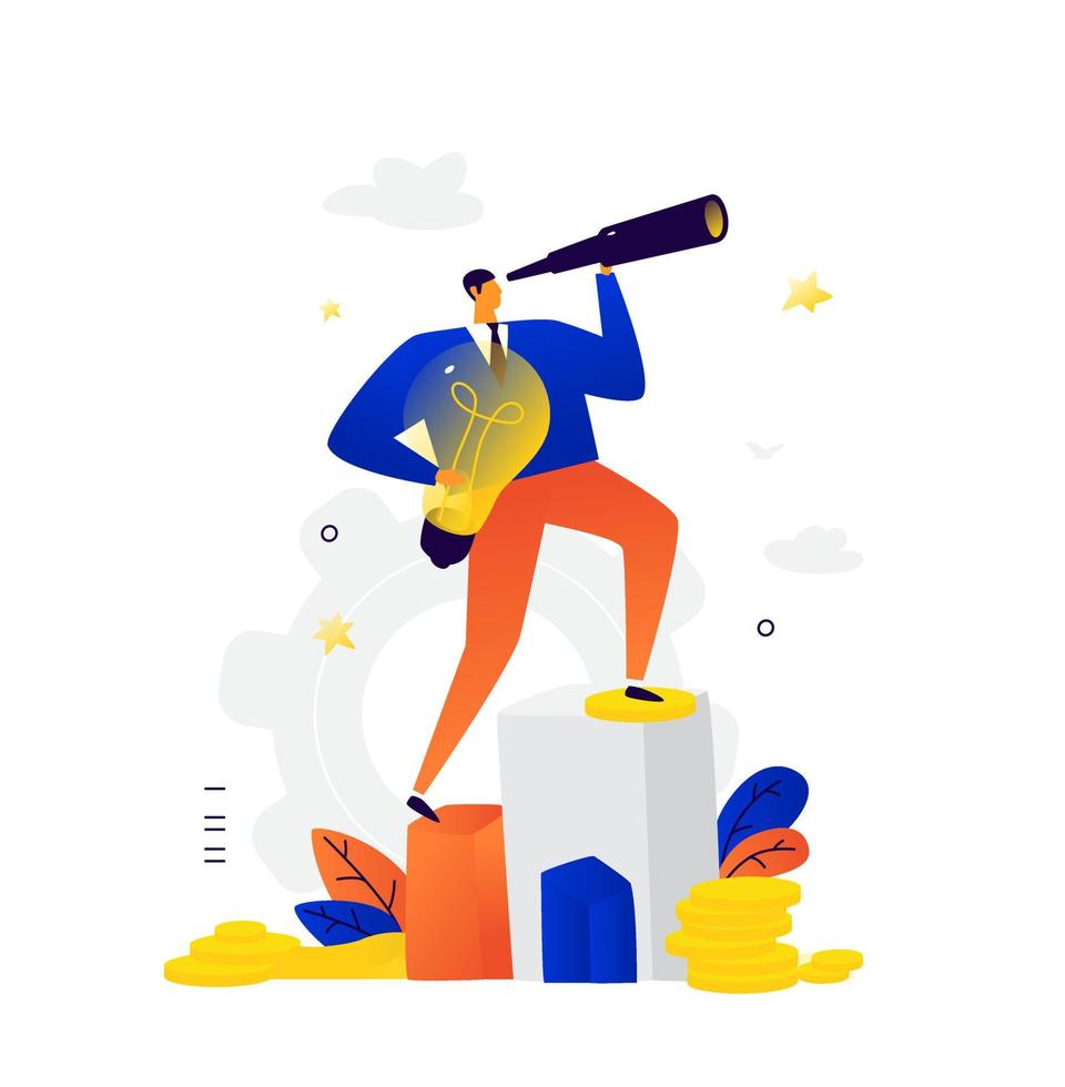 Illustration of a businessman looking through a spyglass. Vector. A man with an idea makes plans for the future. Metaphor. Creative search for fresh ideas. New Horizons. Flat business illustration. vector