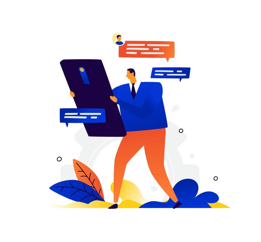 Illustration of a businessman and a phone. Vector. A man chatting. Metaphor. Modern means of communication and communications. Online conversation through messengers. Flat business illustration. vector