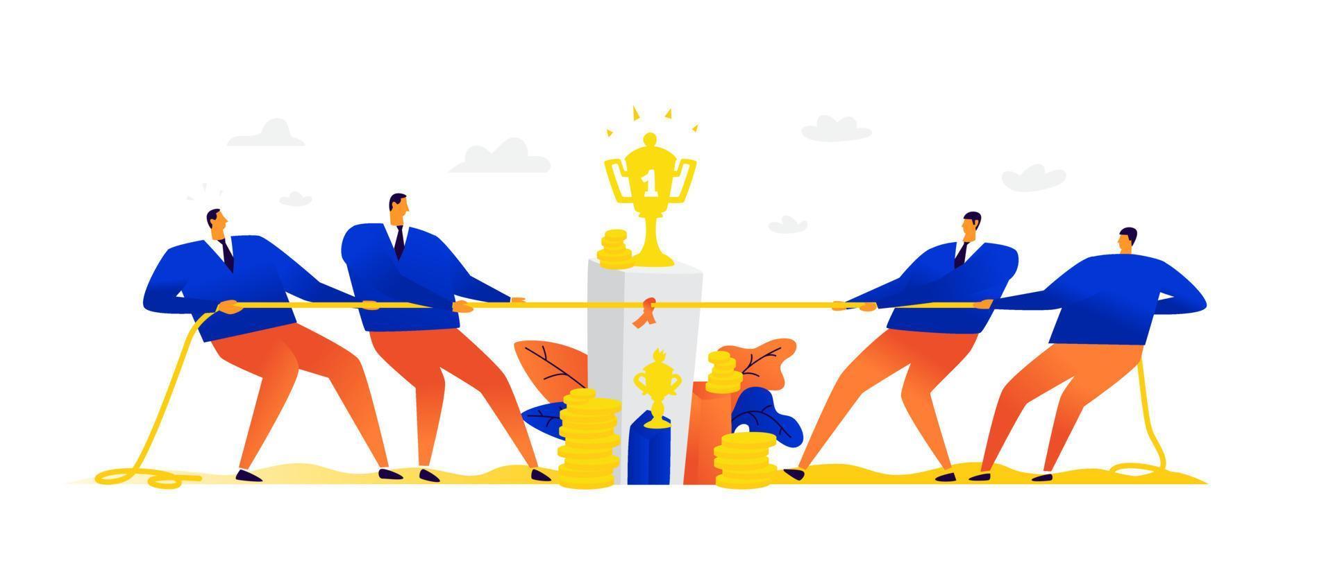Illustration of two teams pulling a rope. Vector. Competitions between businessmen. Metaphor. Team sport. The battle for trophies, money and success. Conflict of interests of two businesses. vector