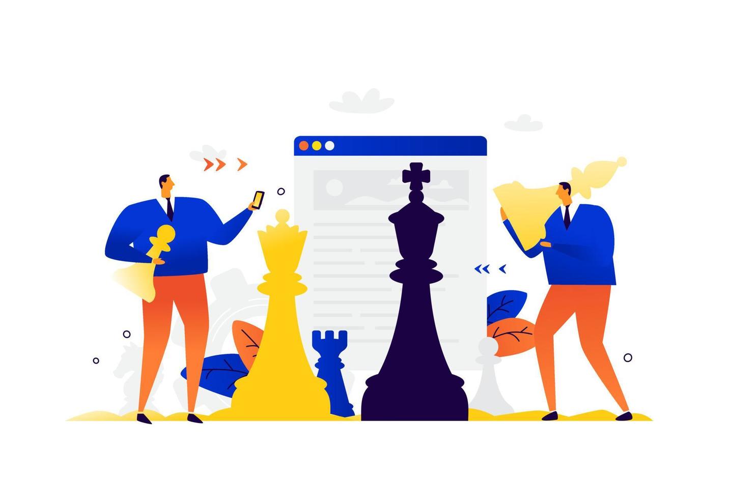 Illustration of businessmen playing chess. Competition in business. Vector. Metaphor. Development of interfaces. Strategy and tactics in business. Find out the relationship in business. Checkmate. vector