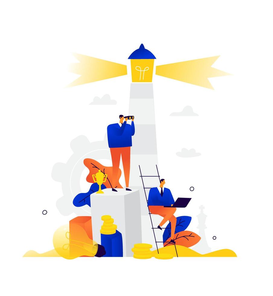 Illustration of businessmen at the lighthouse. Vector. Metaphor. People are sitting and working. Company employees live around the lighthouse. Flat business illustration. Attracting attention. vector