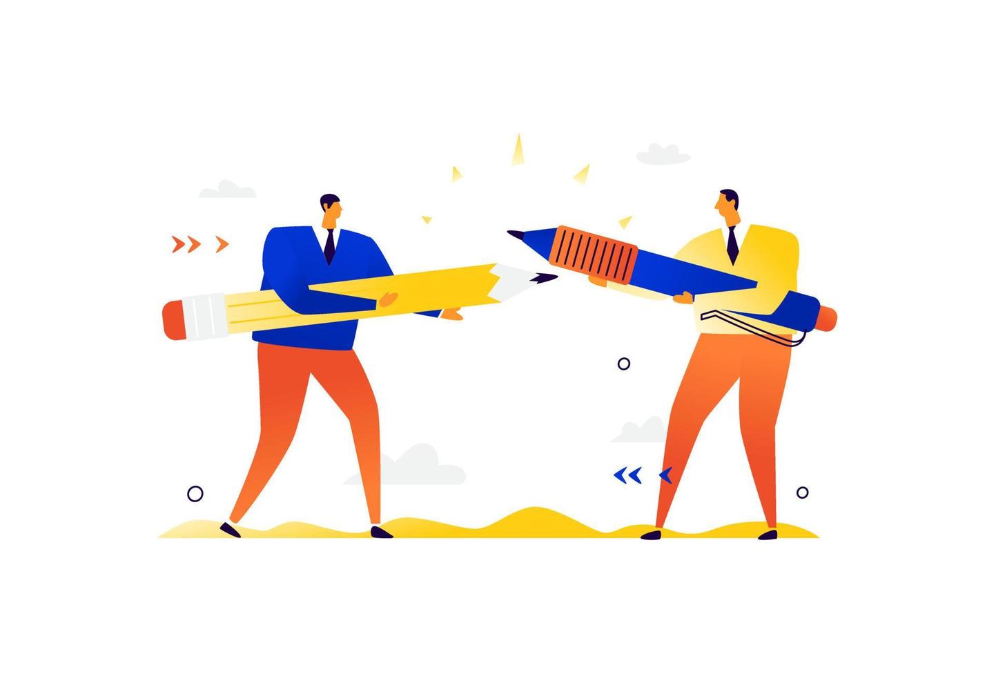 Illustration of businessmen with big stationery. Dispute and quarrel between men. Vector. Metaphor. Fencing with a pen and pencil. Conflict in the company between employees. vector