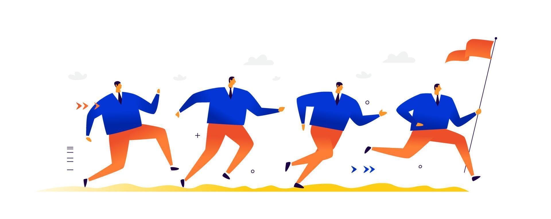 Illustration of running businessmen. A crowd of men runs after a leader, an alpha male carrying a flag, a banner. Flat illustration. Competition and competition in business and in life. vector
