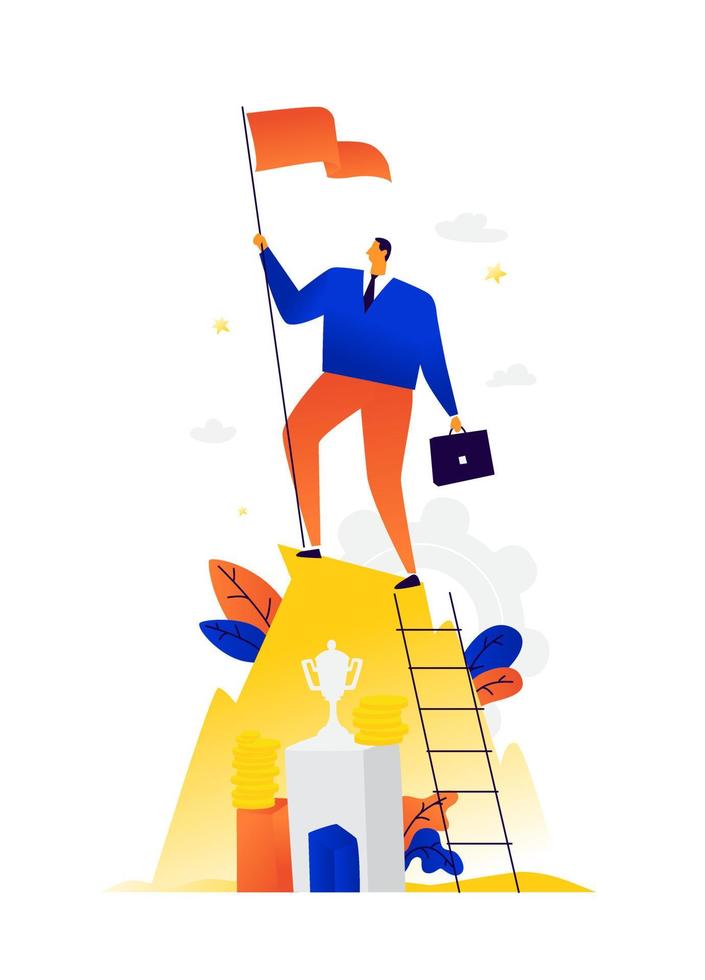 Illustration of a winner businessman achieving his goals. Vector. Metaphor. Victory in business. The leader climbed to the top of the mountain. The master or alpha male conquers the whole world. vector
