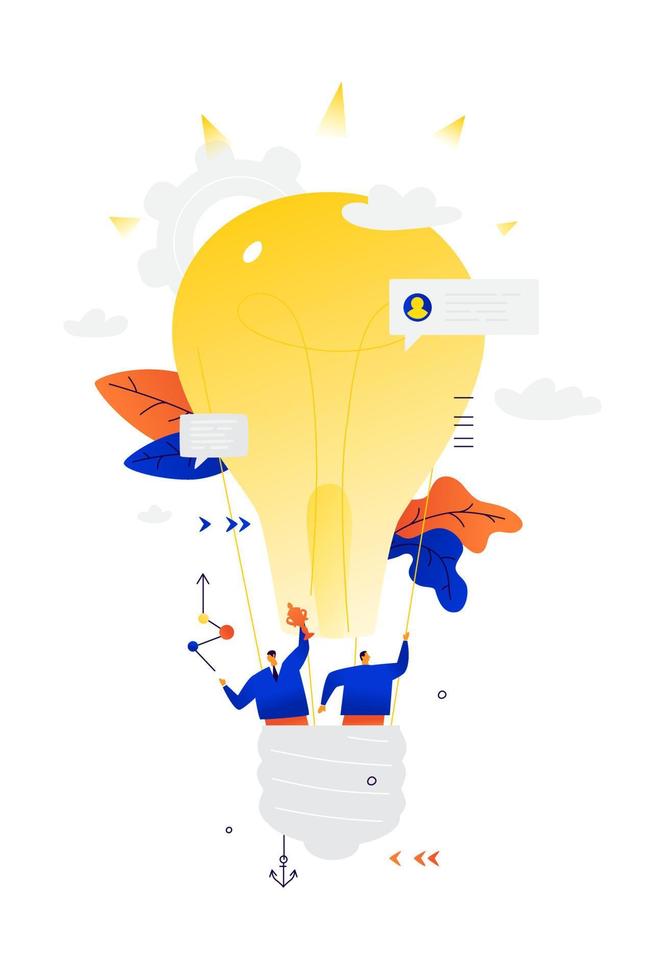 Illustration of businessmen flying in a balloon. Vector. Metaphor. Balloon in the form of an electric bulb. Two people are exploring the expanses of business. Search for new ideas and creative people. vector