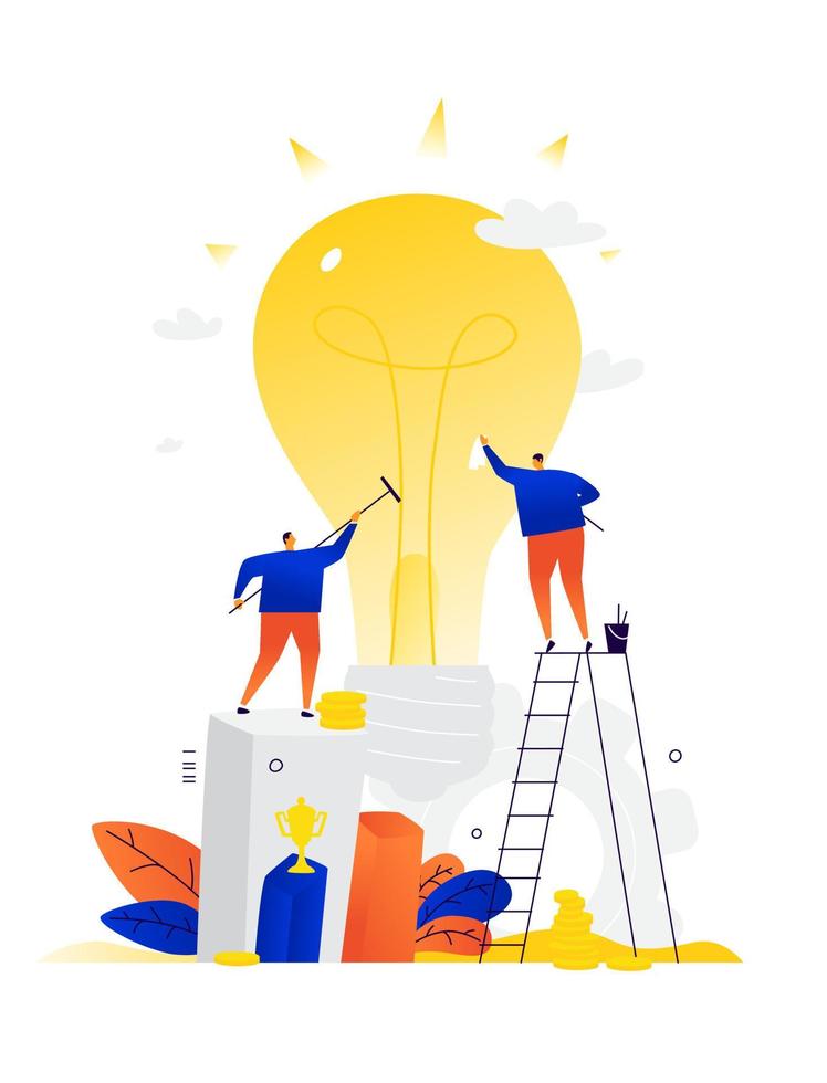 Illustration of businessmen creating new ideas. Vector. Metaphor. Two people produce a new product. Caring for the business and the future. Power generation. Bright and dazzling product. vector