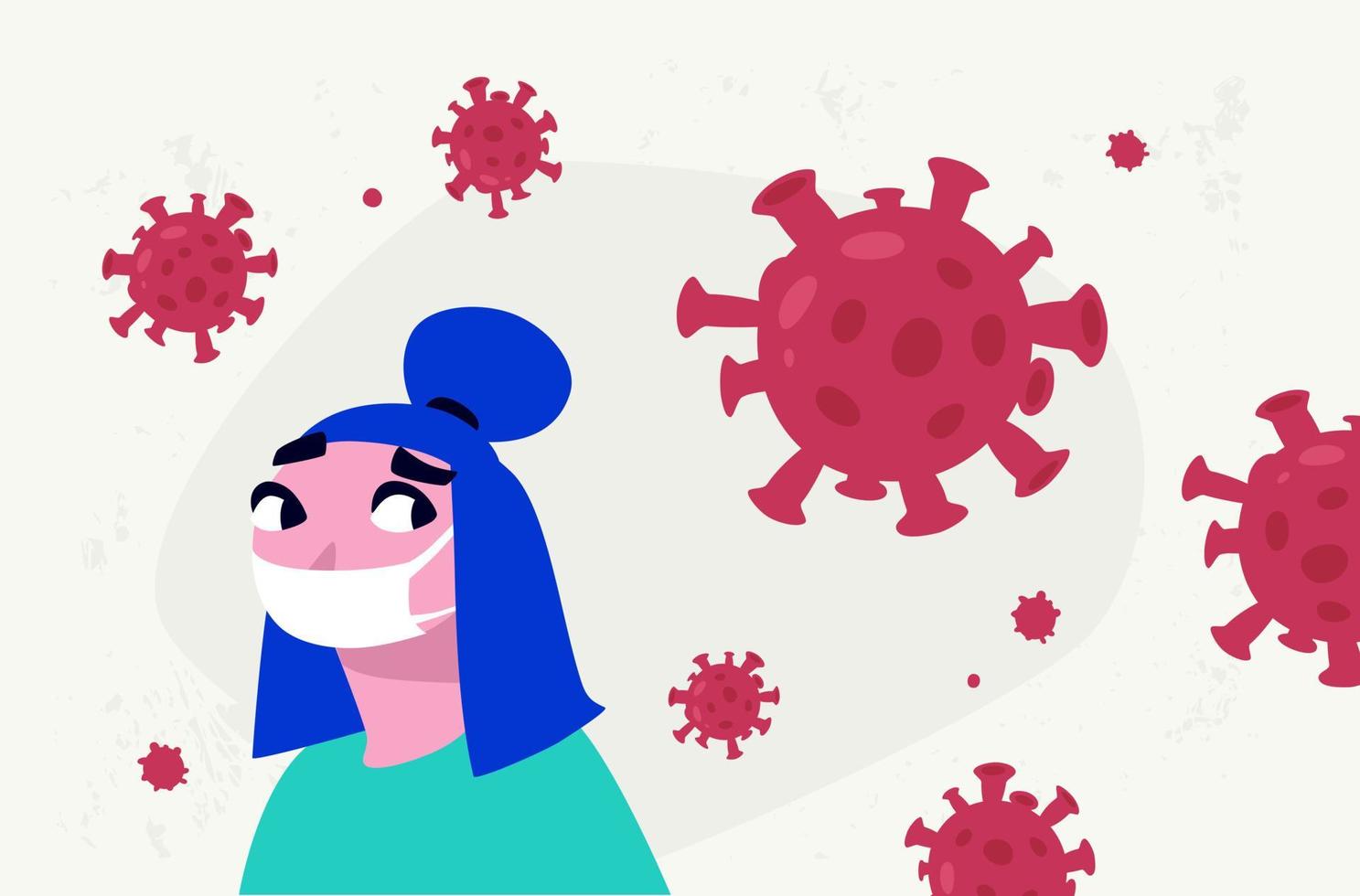 Ilustración de una mujer con una máscara protectora. vector. epidemia. virus de la corona pandémica mundial 19. una persona sana con una máscara médica. protección contra virus y bacterias. vector