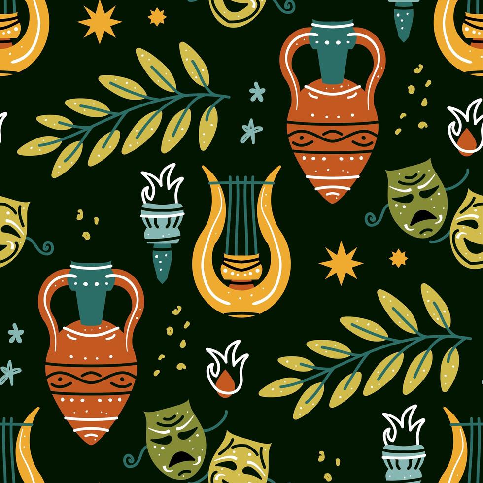 Seamless pattern with antique amphora, harp, olive branch, torch, mask vector