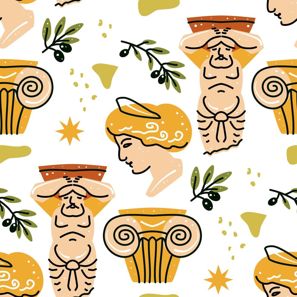 Seamless pattern with antique statue of woman, man, column, olive vector