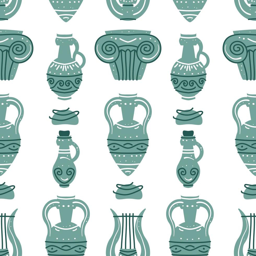 Seamless pattern with ancient Greek vases, amphoras and ancient column vector