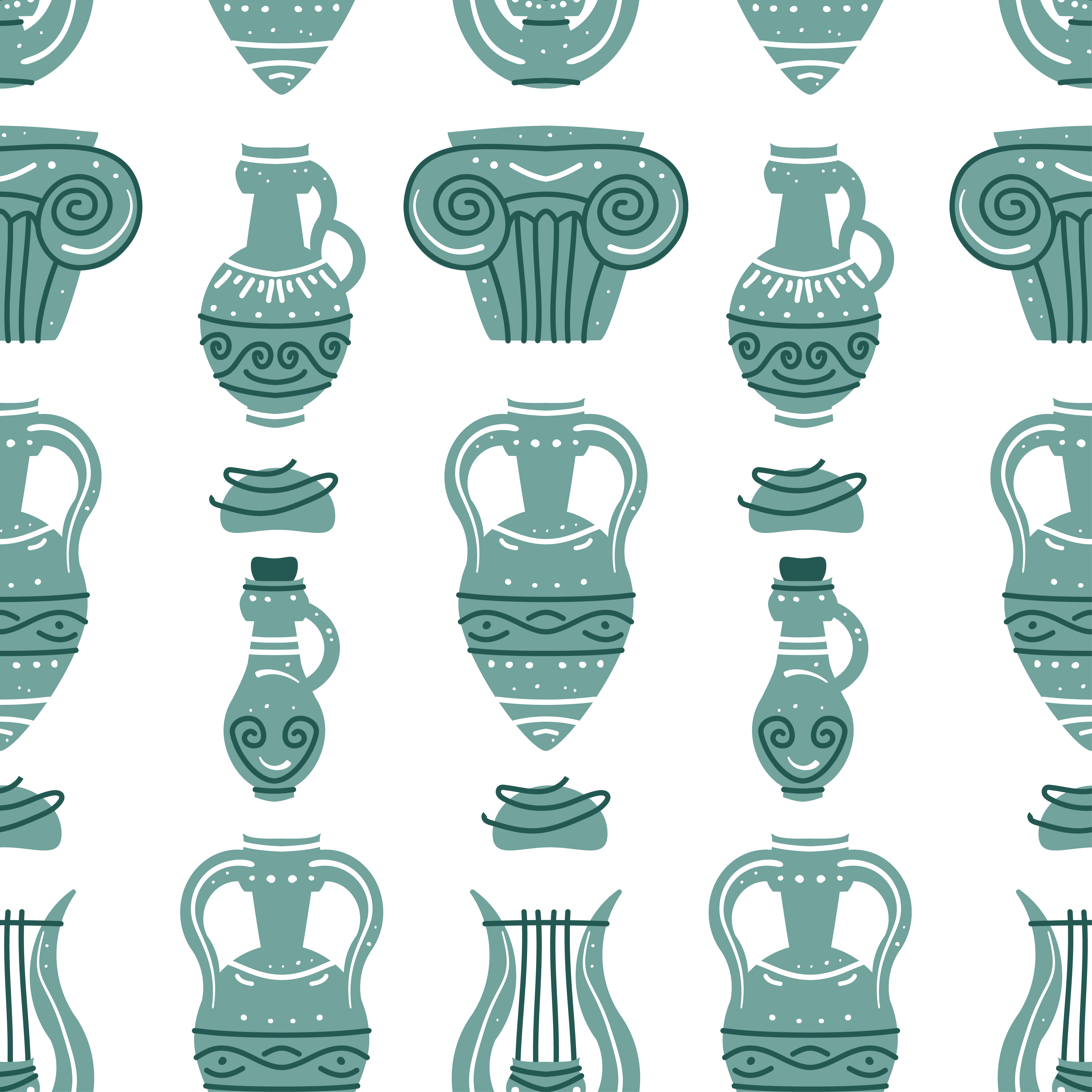 Seamless pattern with ancient Greek vases, amphoras and ancient column