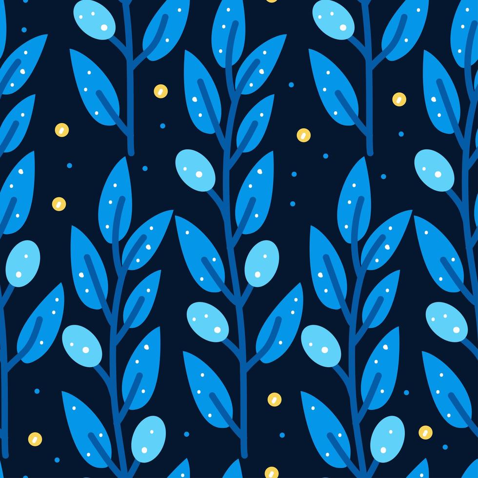 Seamless pattern with stylized blue olive branch on white background. vector