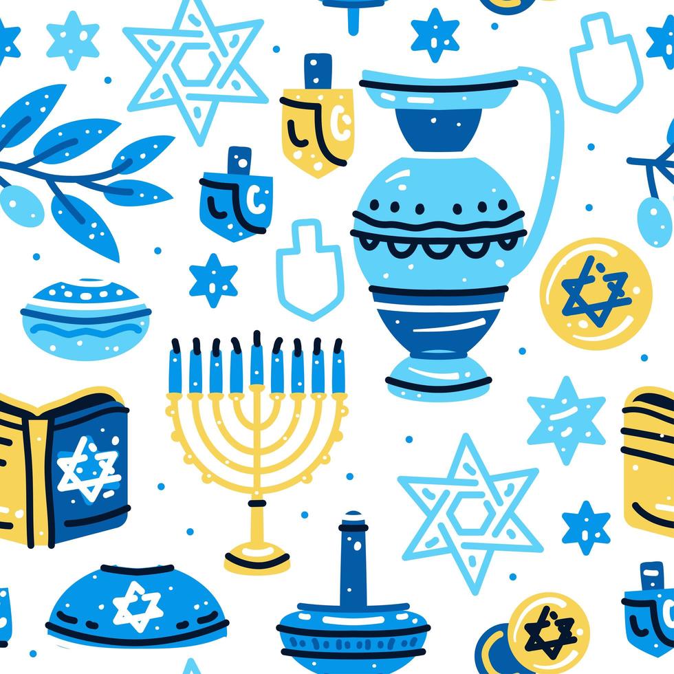 Happy Hanukkah seamless pattern with menorah, dreidels, donuts vector