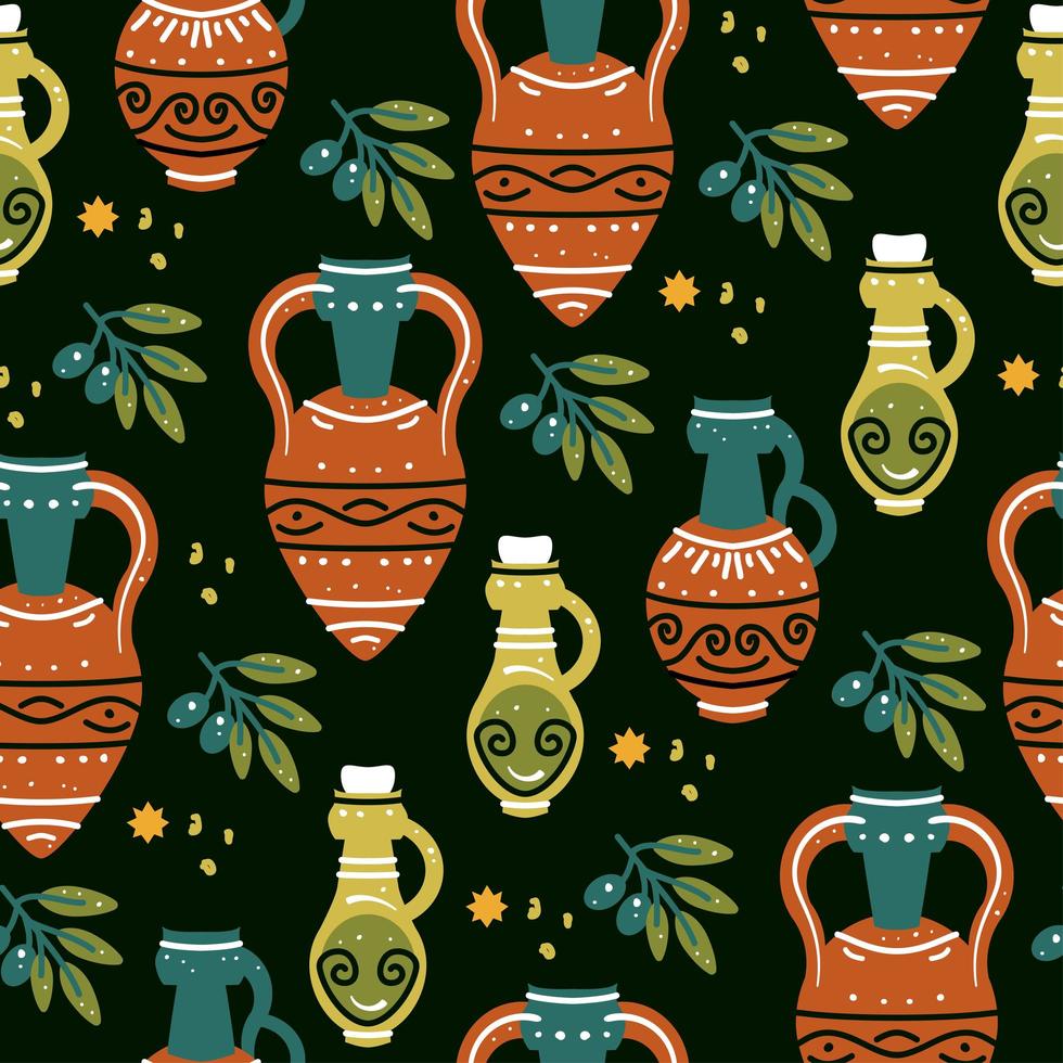 Seamless pattern with ancient Greek vases, amphoras and olive branch vector