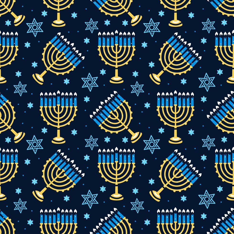 Happy Hanukkah pattern with menorah, traditional candles seamless. vector