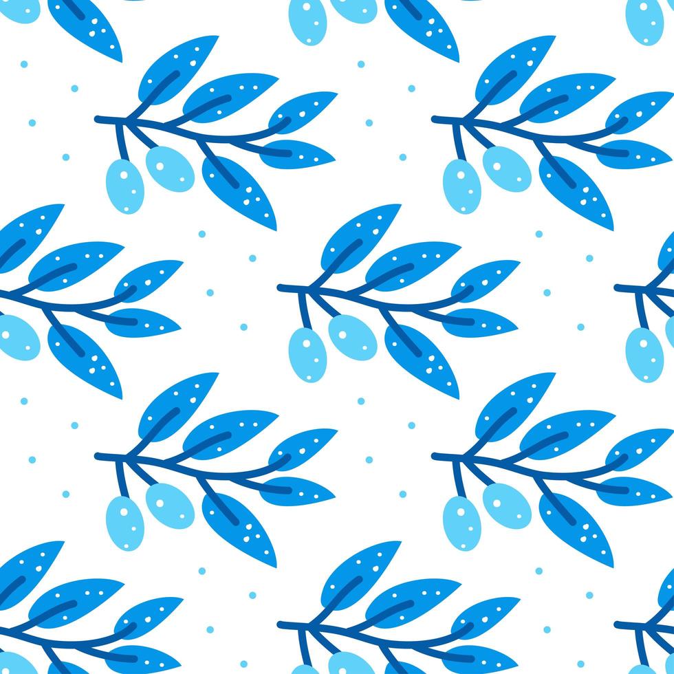 Seamless pattern with stylized blue olive branch on white background. vector