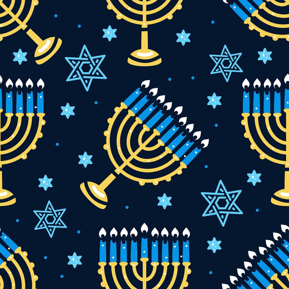 Happy Hanukkah pattern with menorah, traditional candles seamless. vector