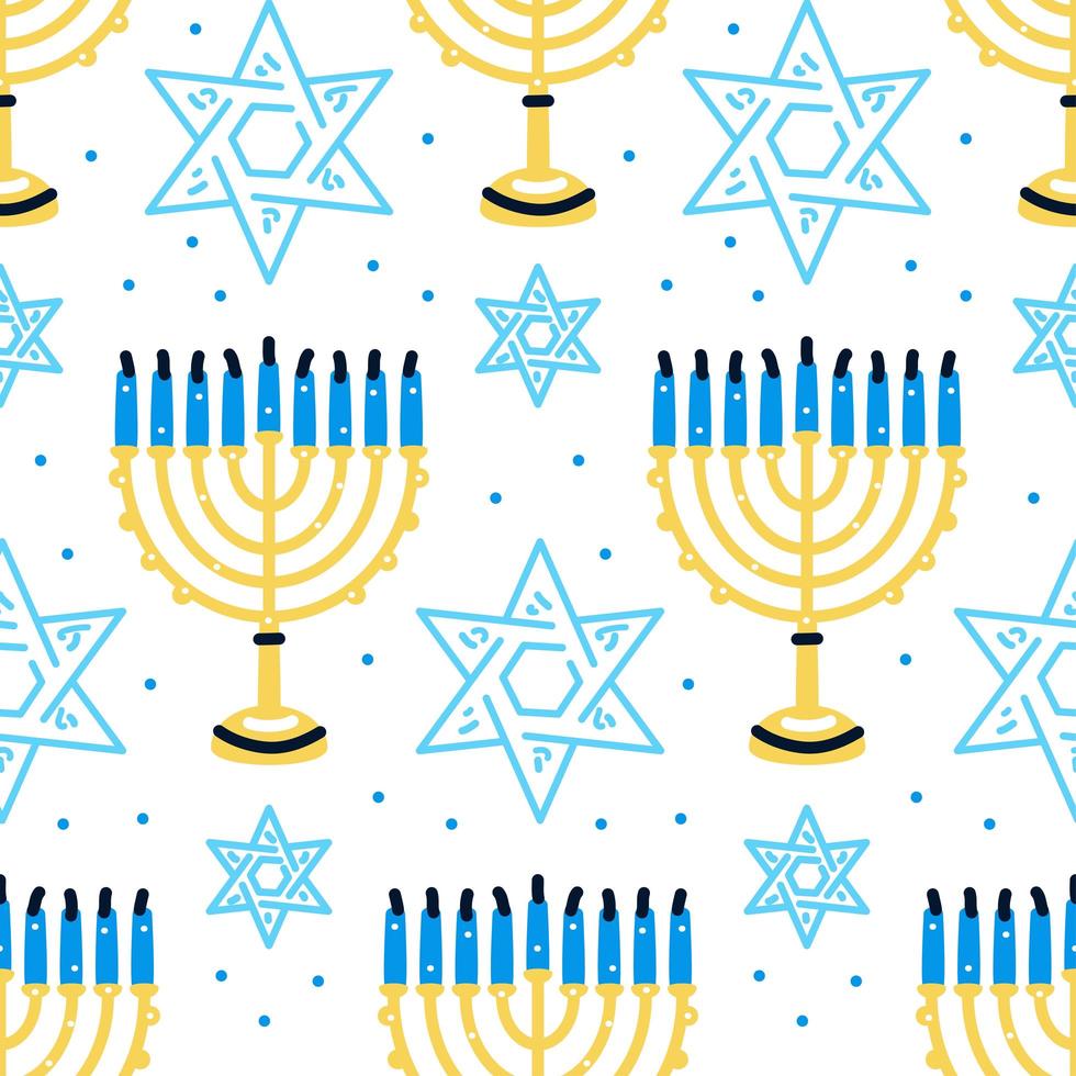 Happy Hanukkah pattern with menorah, traditional candles seamless. vector