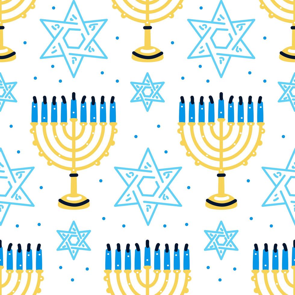 Happy Hanukkah pattern with menorah, traditional candles seamless. vector