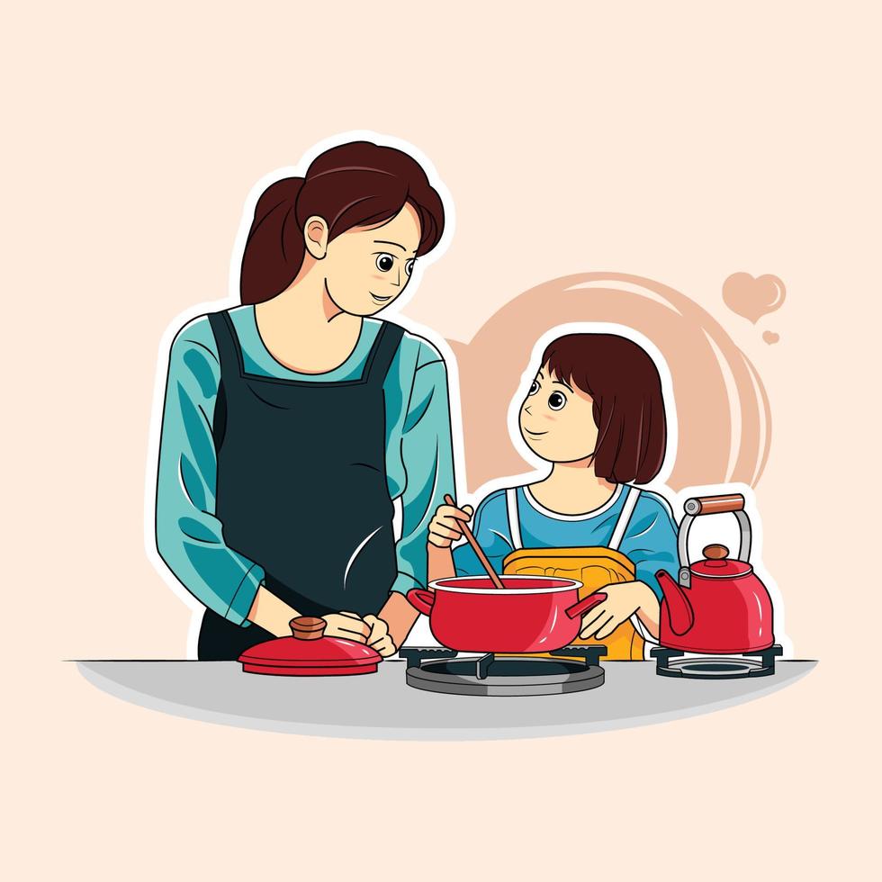 mom and daughter cooks soup at home vector illustration