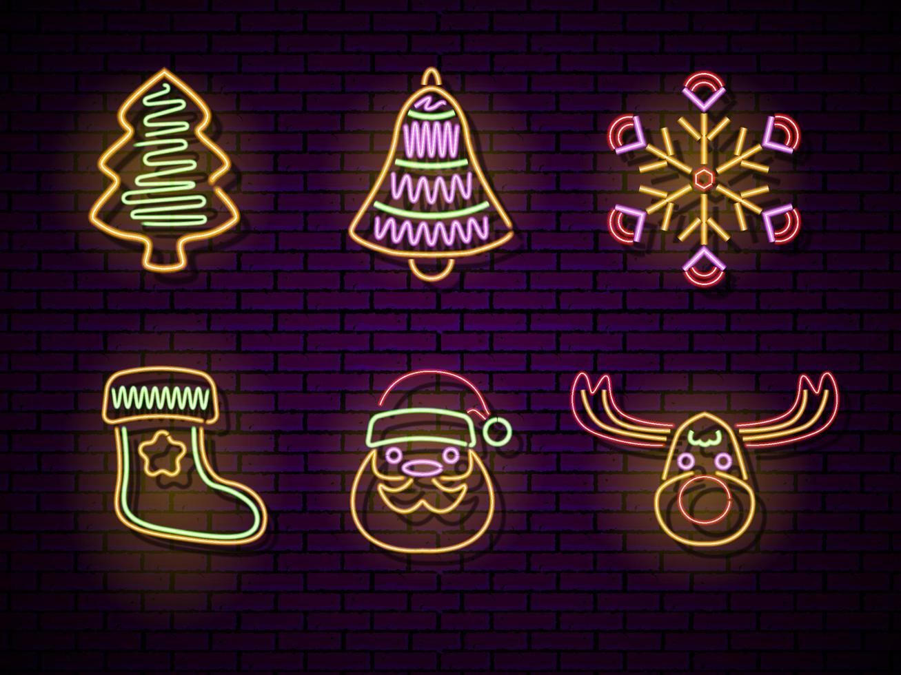 conjunto de elementos navideños con efecto de luz de neón vector