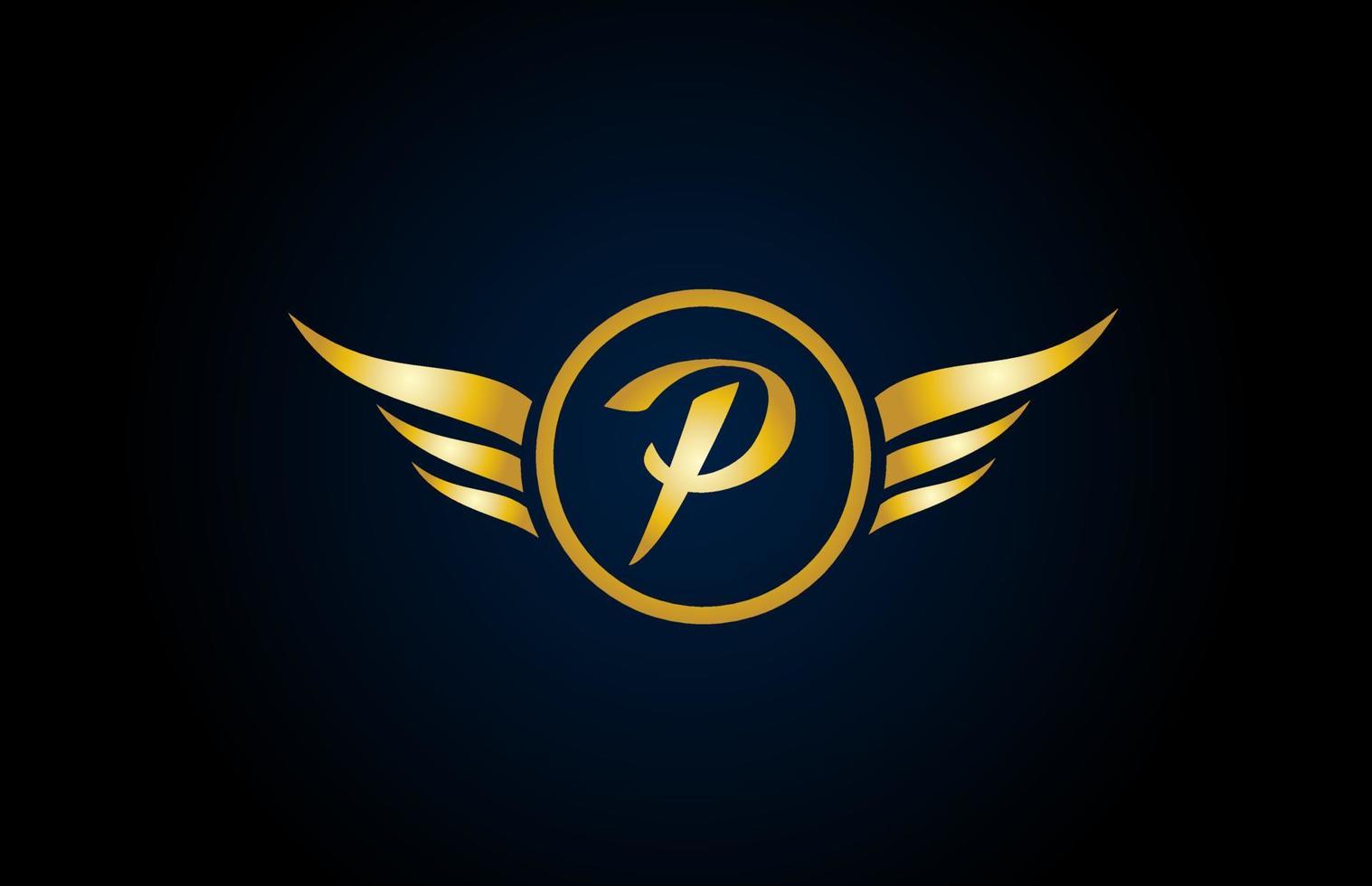 gold golden P wing wings alphabet letter logo icon with classy design for company and business vector