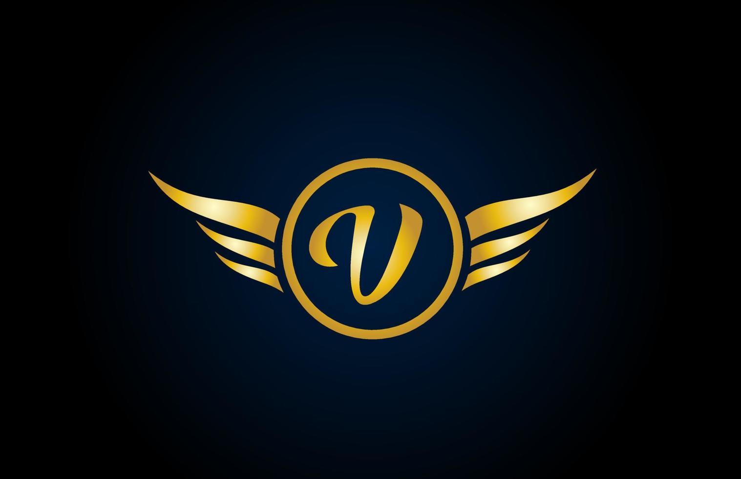 gold golden V wing wings alphabet letter logo icon with classy design for company and business vector