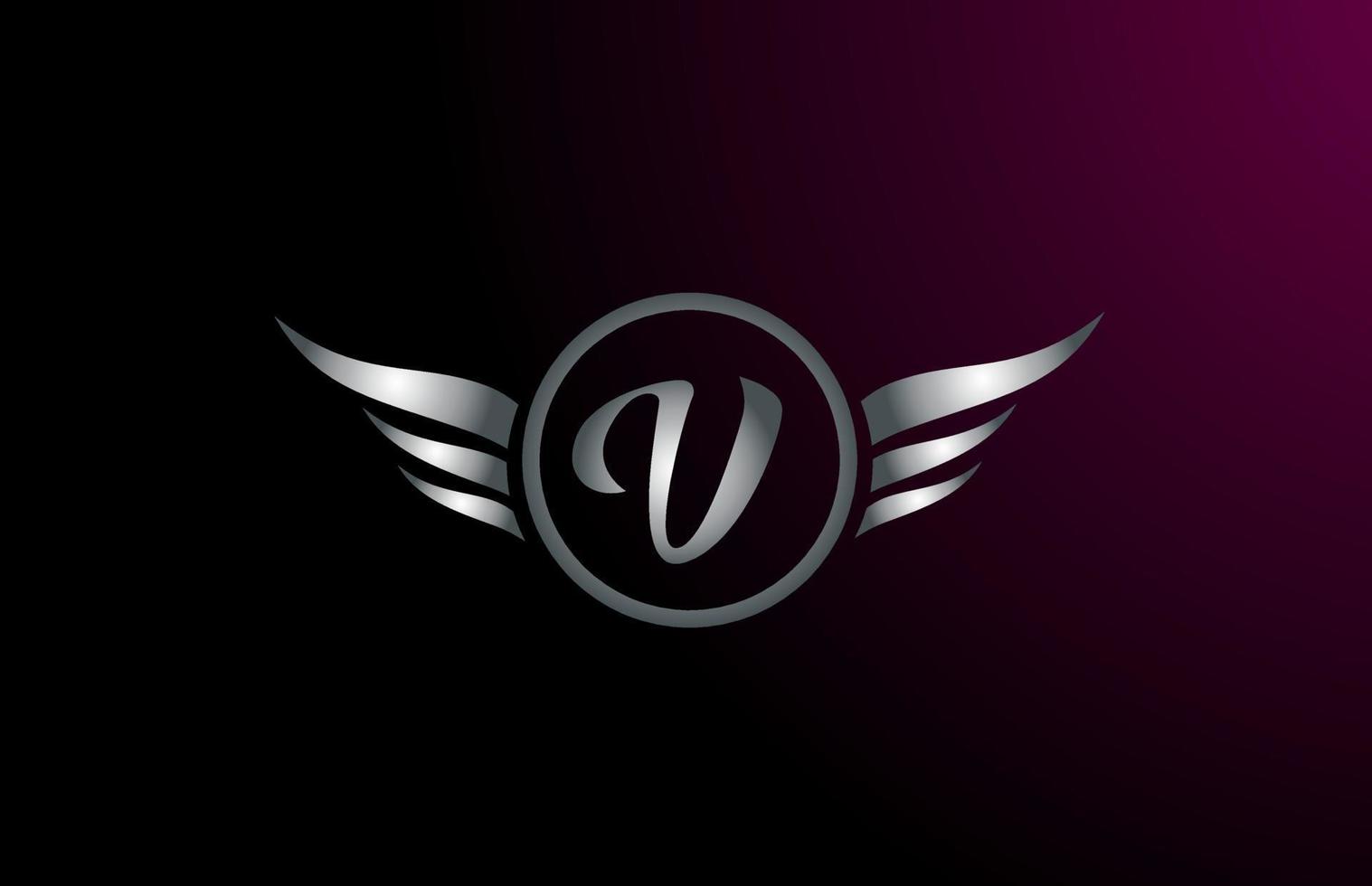 silver grey wings V letter alphabet logo design with metallic icon for business company vector