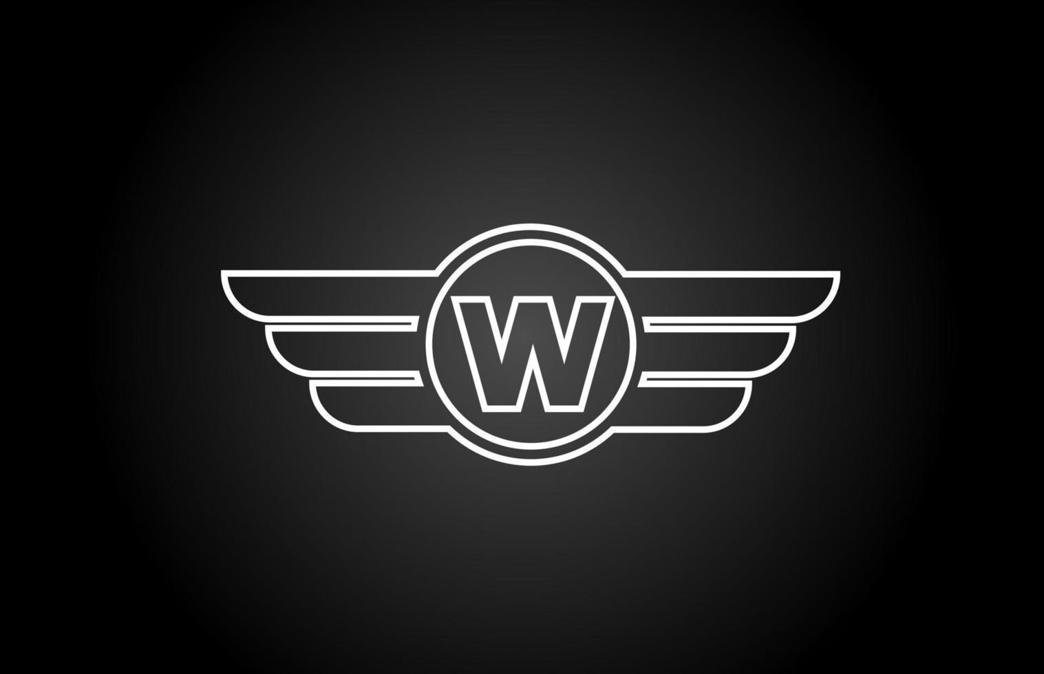 W icono del logotipo de la letra del alfabeto para empresas y empresas con diseño de ala de línea en blanco y negro vector