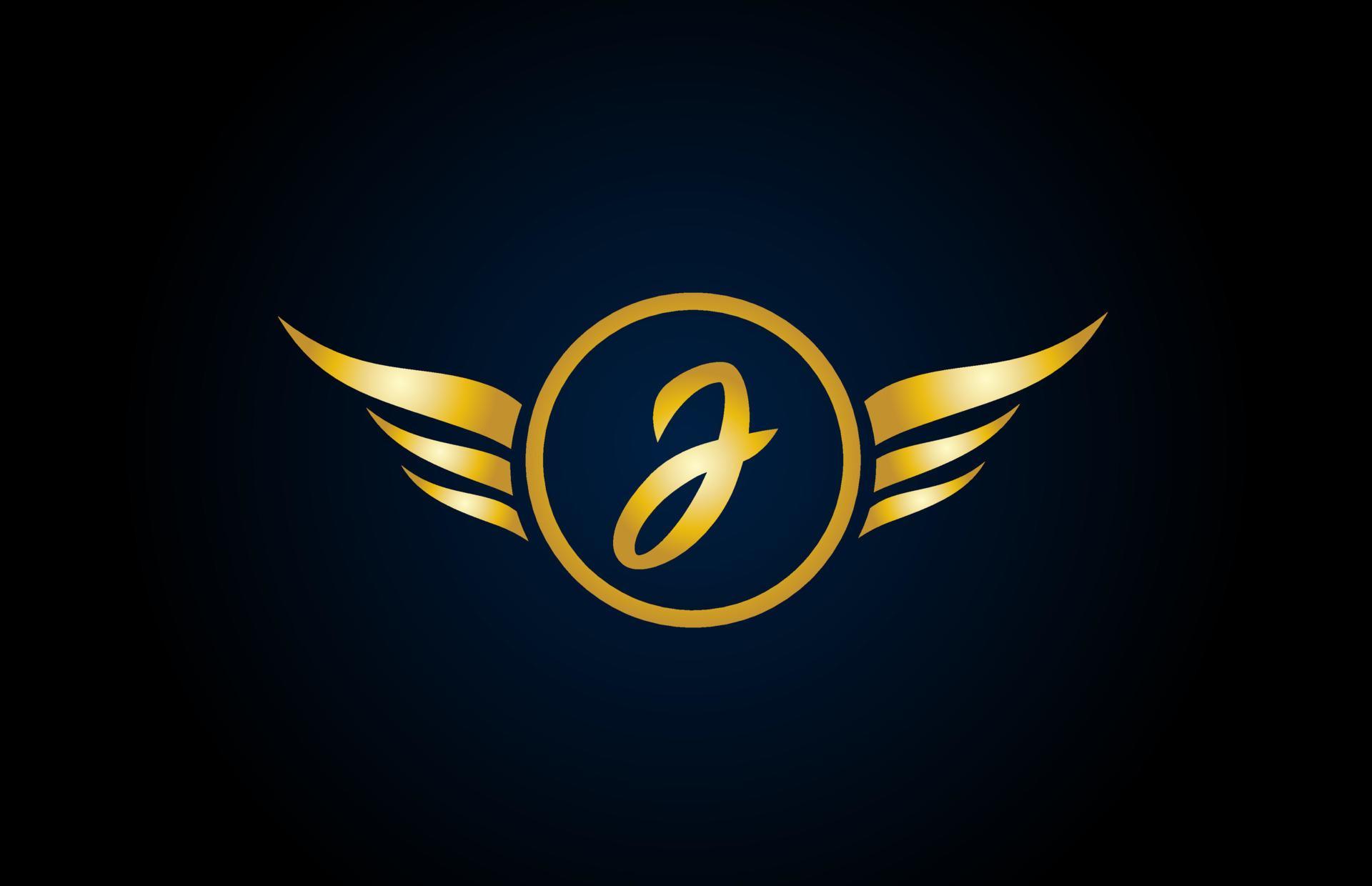 gold golden J wing wings alphabet letter logo icon with classy design
