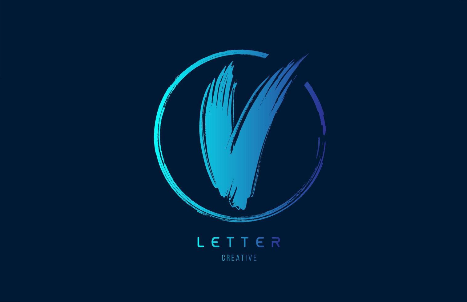 blue hand grunge brush letter V icon logo with circle. Alphabet design for a company design vector