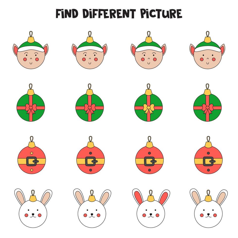 Find Christmas ball which is different from others. Worksheet for kids. vector
