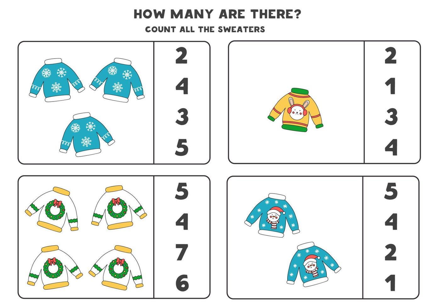 Counting game with Christmas sweaters. Educational worksheet. vector