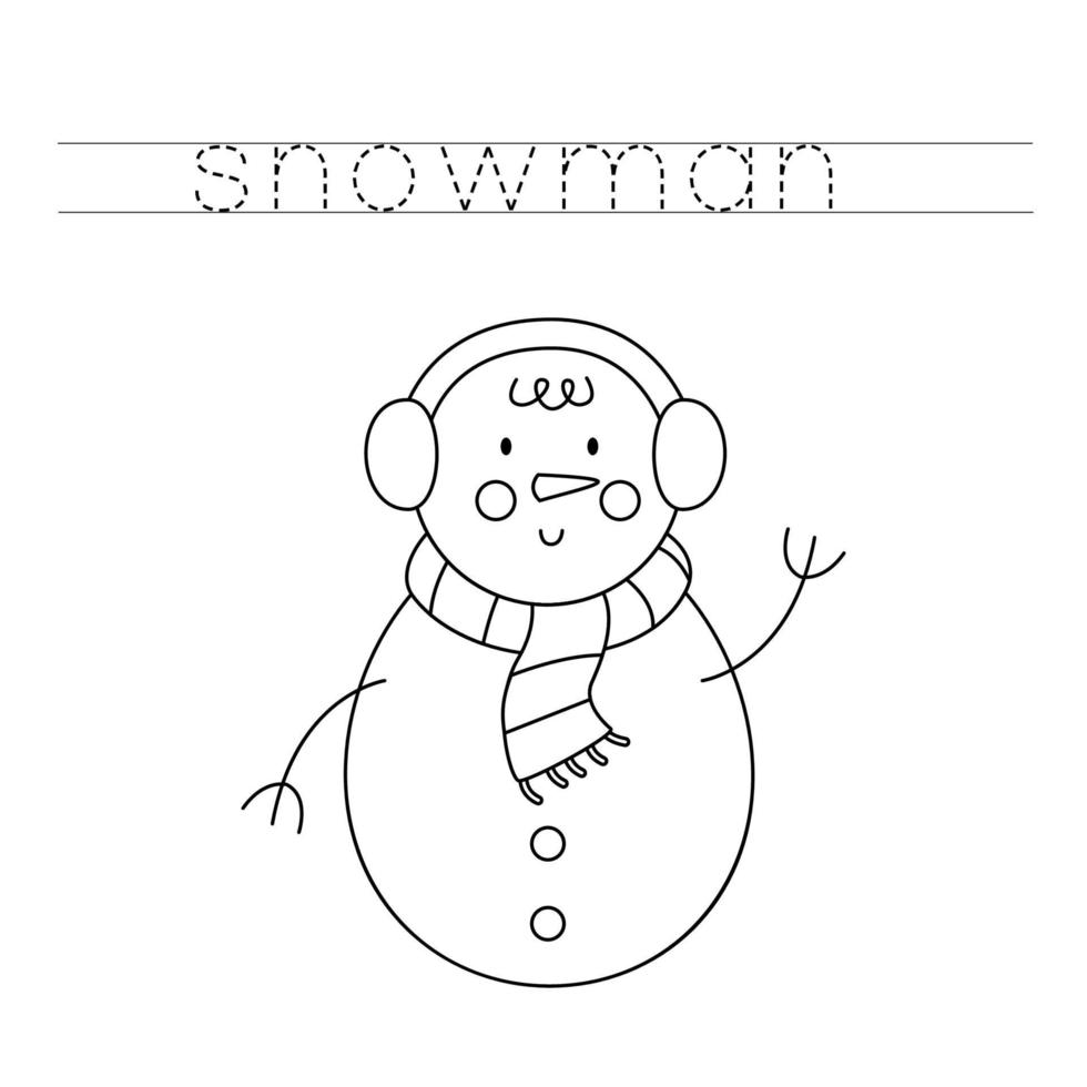 Trace the letters and color snowman. Handwriting practice for kids. vector