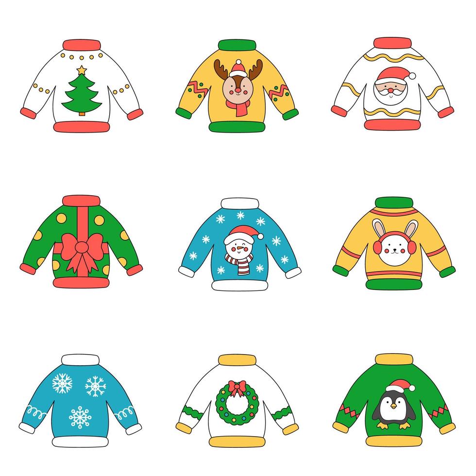 Collection of cute vector Christmas sweaters.