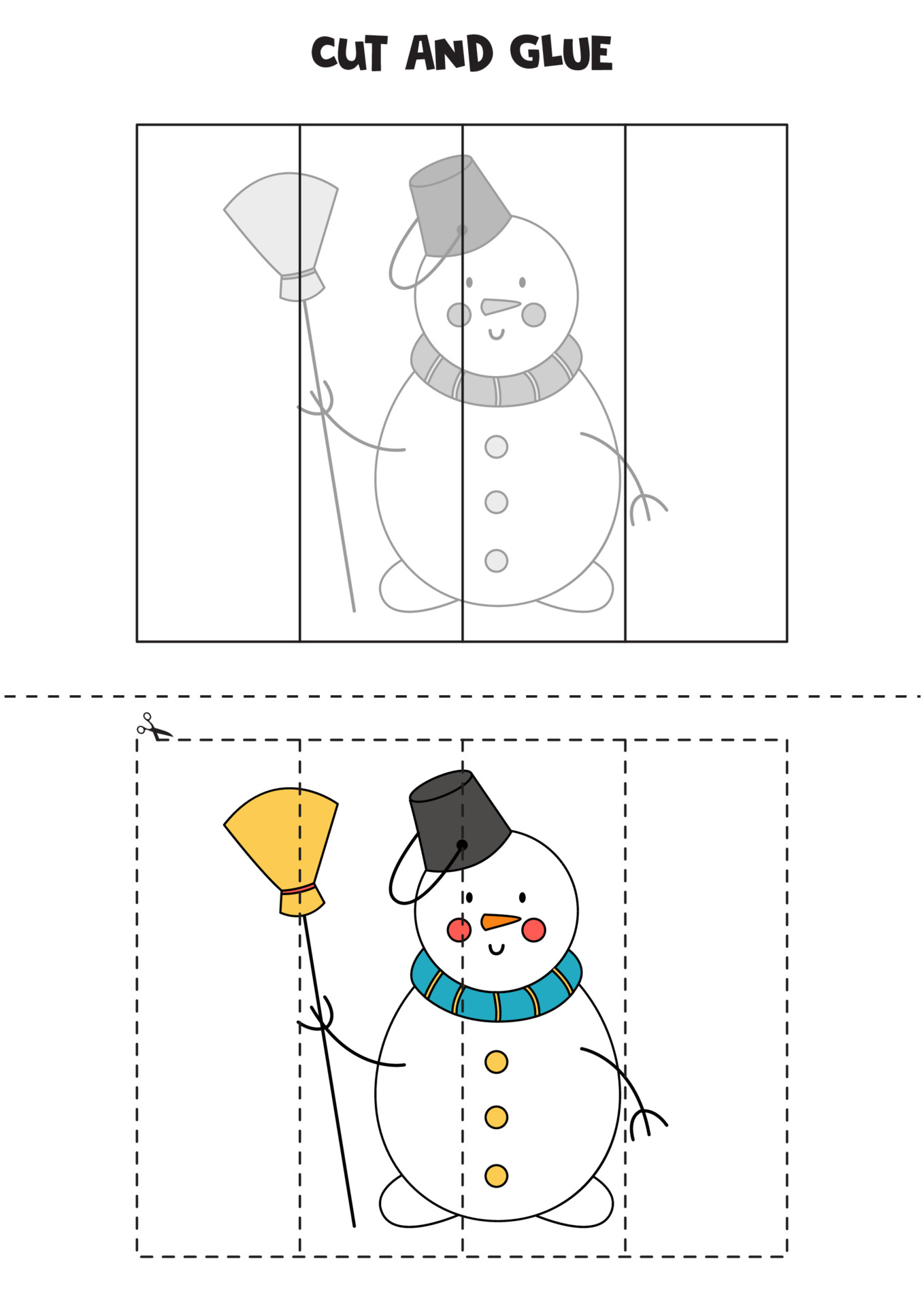 Cut and glue game for kids. Cute cartoon snowman with broom. 3694465 ...