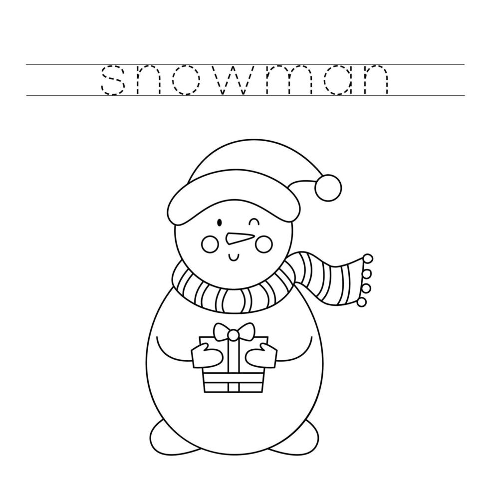 Trace the letters and color snowman. Handwriting practice for kids. vector