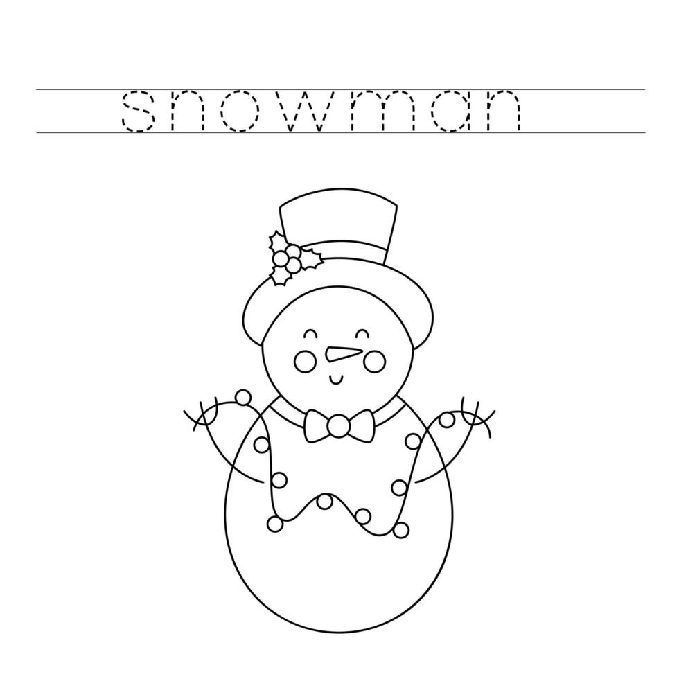 Trace the letters and color snowman. Handwriting practice for kids. vector