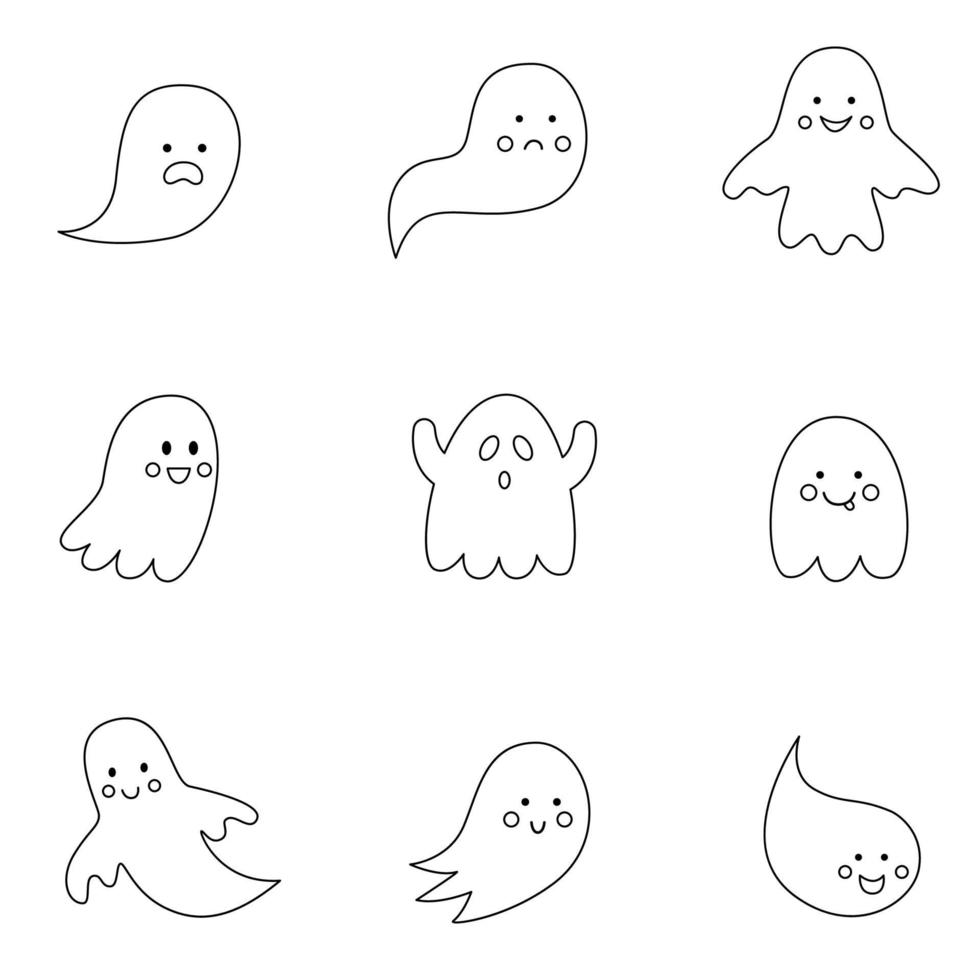 Collection of black and white Halloween ghosts. vector