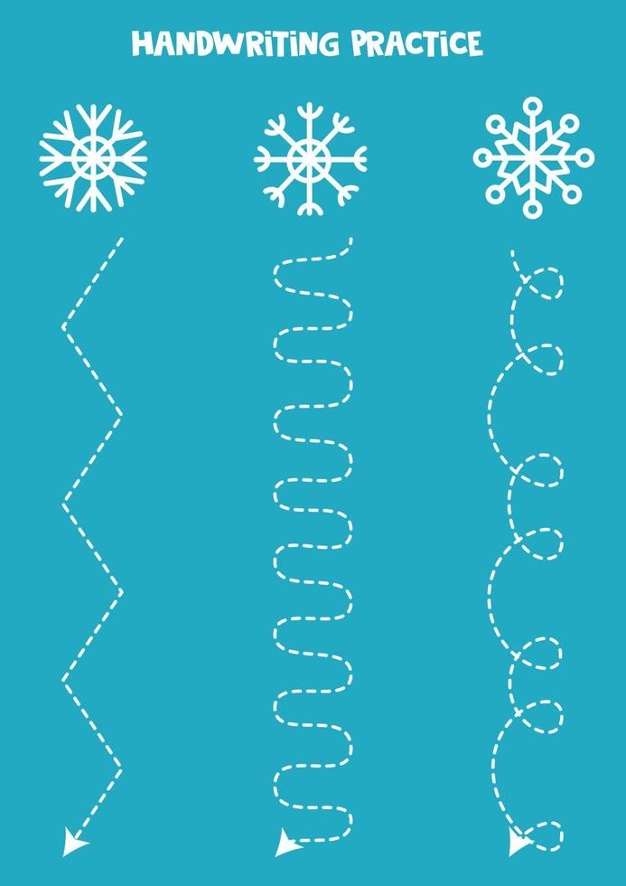 Tracing lines with cute snowflakes. Writing practice. vector