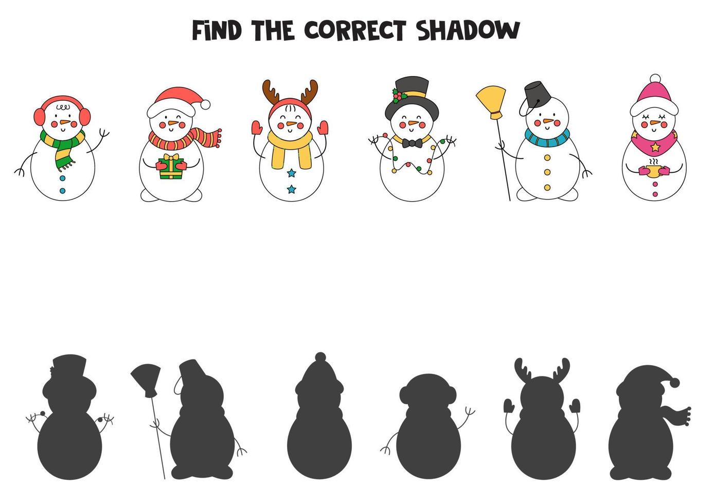 encuentra las sombras correctas de los muñecos de nieve navideños. rompecabezas lógico para niños. vector