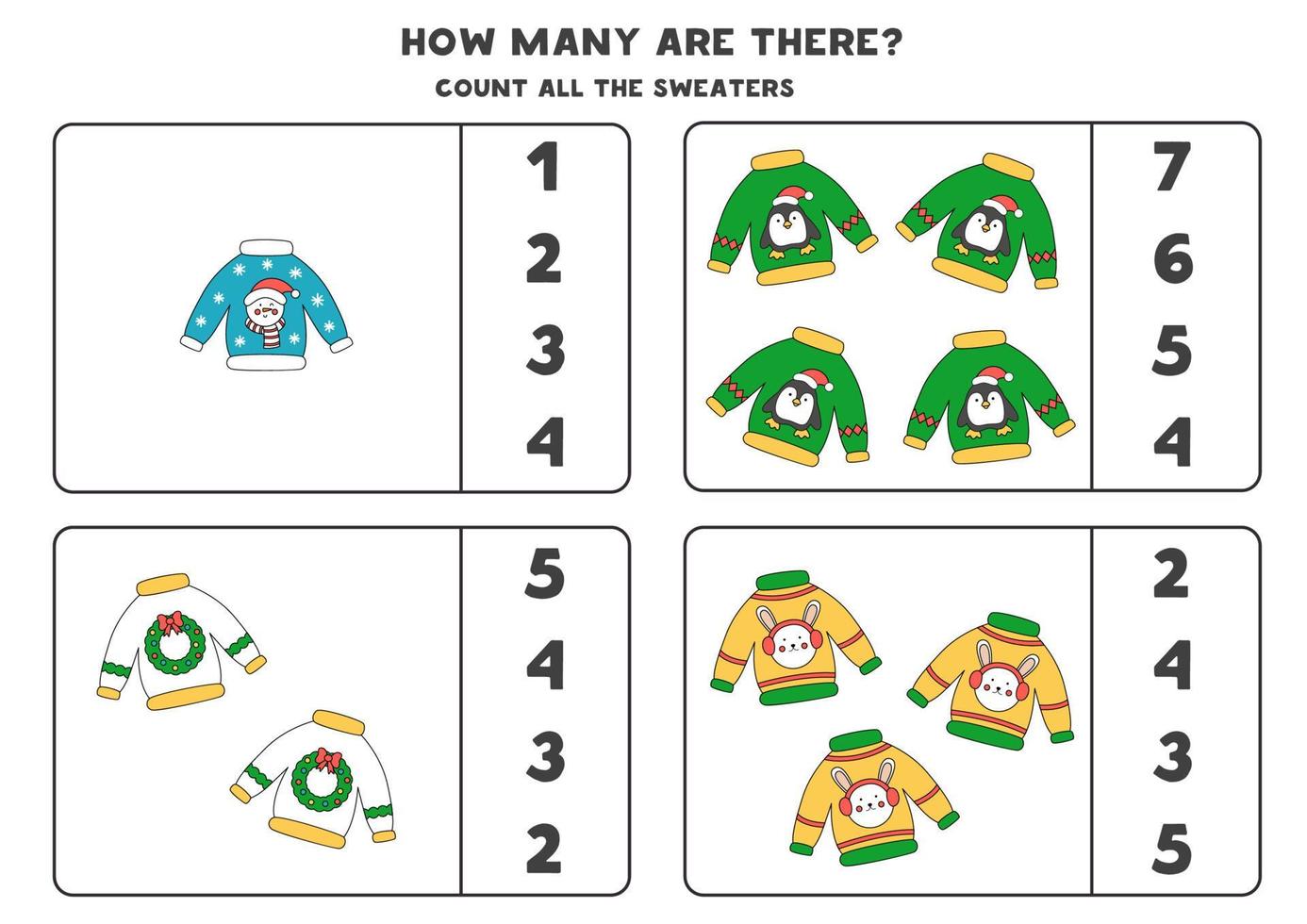 Counting game with Christmas sweaters. Educational worksheet. vector