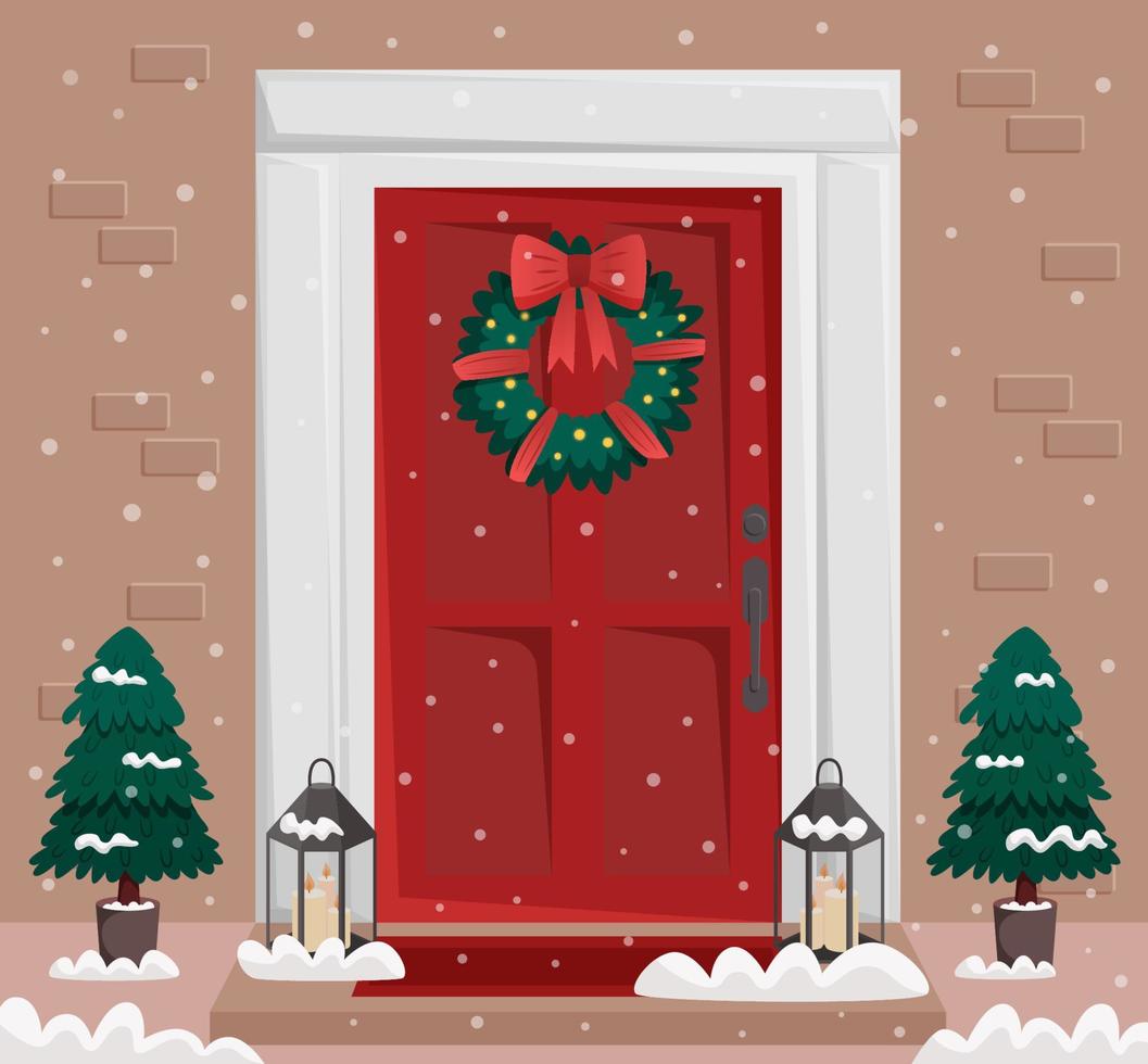 Christmas red door with wreath and snow vector