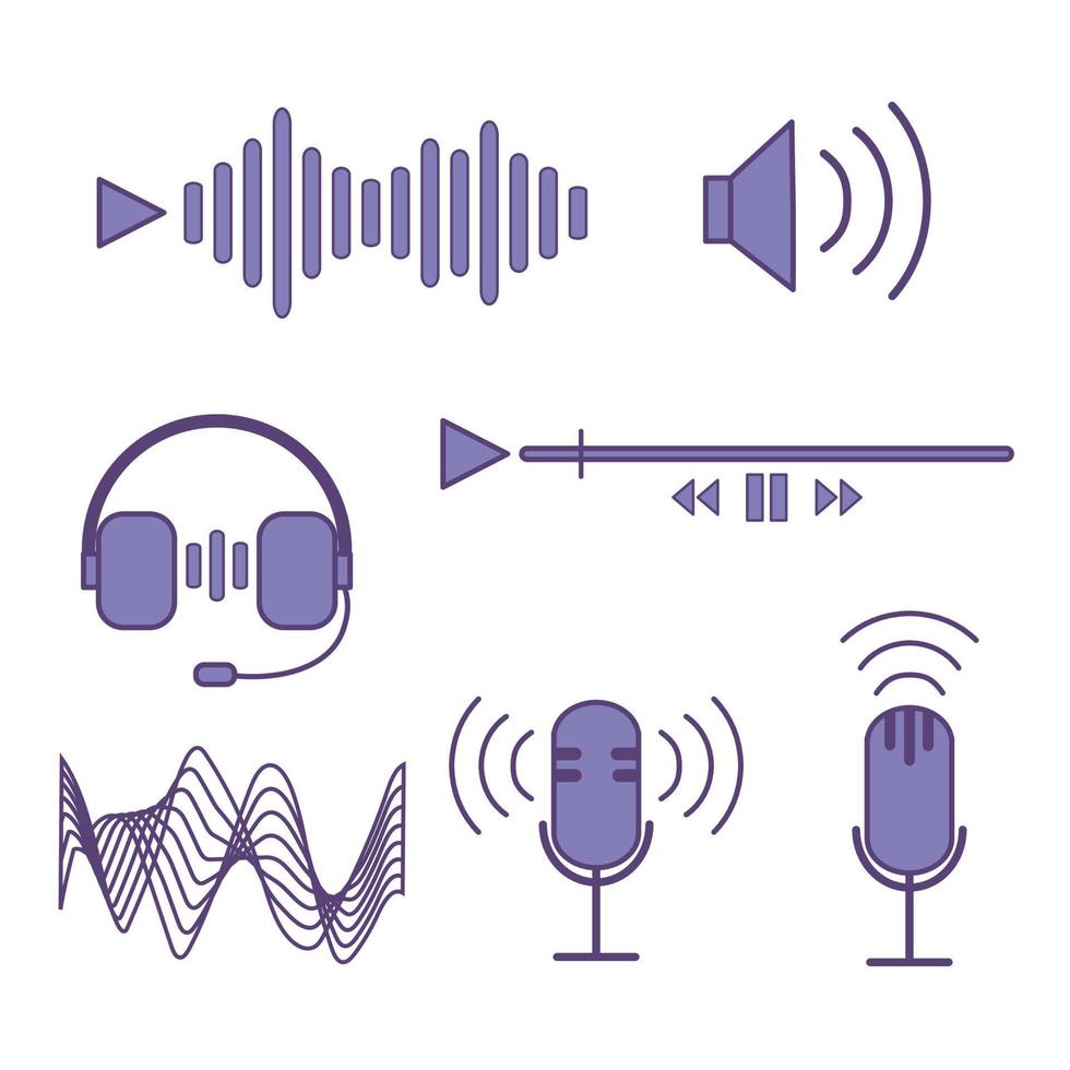 iconos en podcast, radio, audio, micrófono, pista de audio. vector